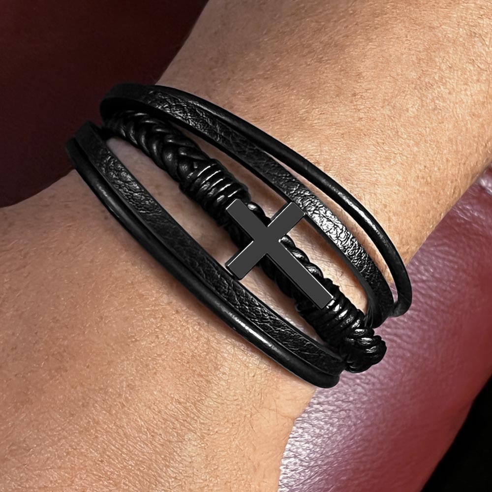 Christian To My Husband Black Leather Bracelet