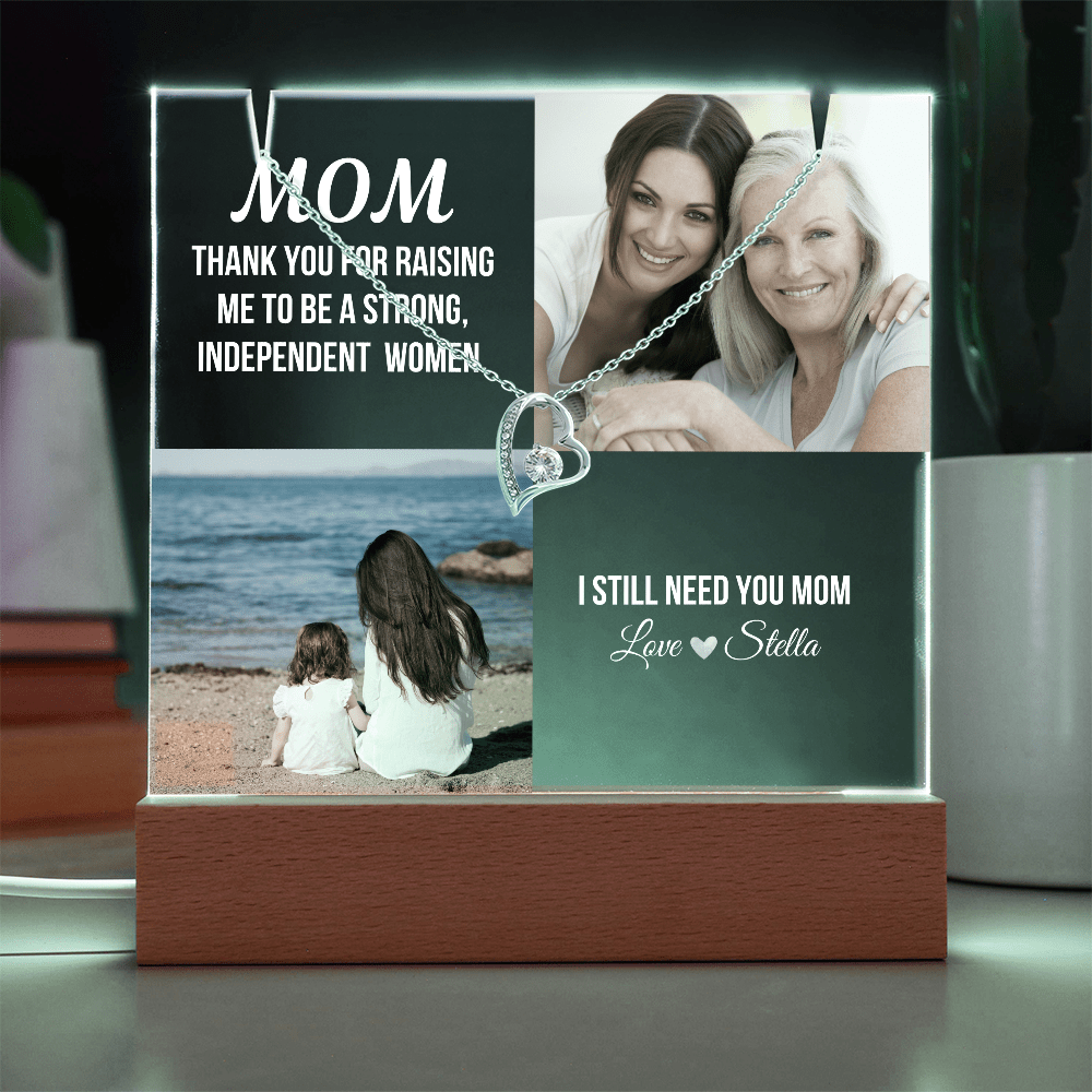 Personalized Acrylic Plaque and Heart Necklace Gift for Mom