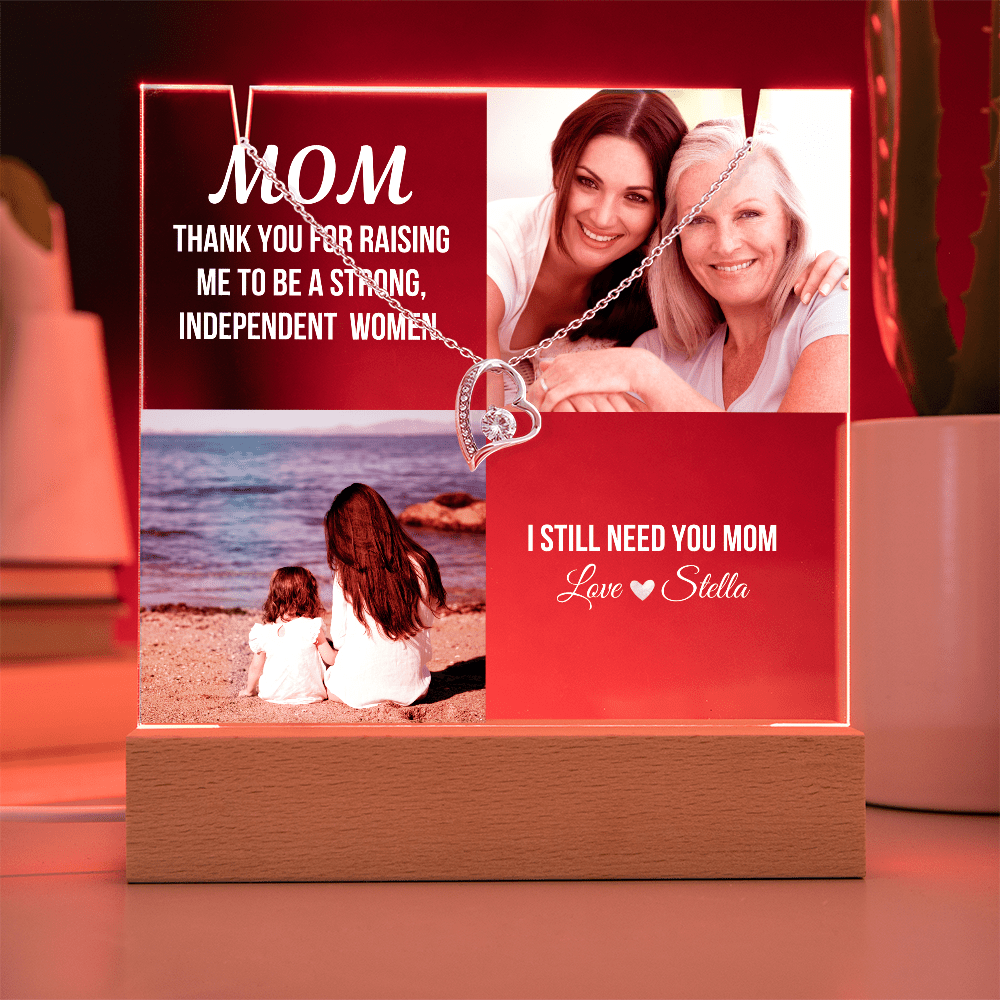 Personalized Acrylic Plaque and Heart Necklace Gift for Mom