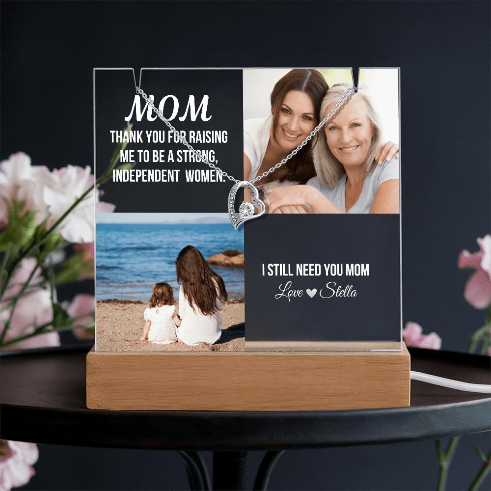 Personalized Acrylic Plaque and Heart Necklace Gift for Mom