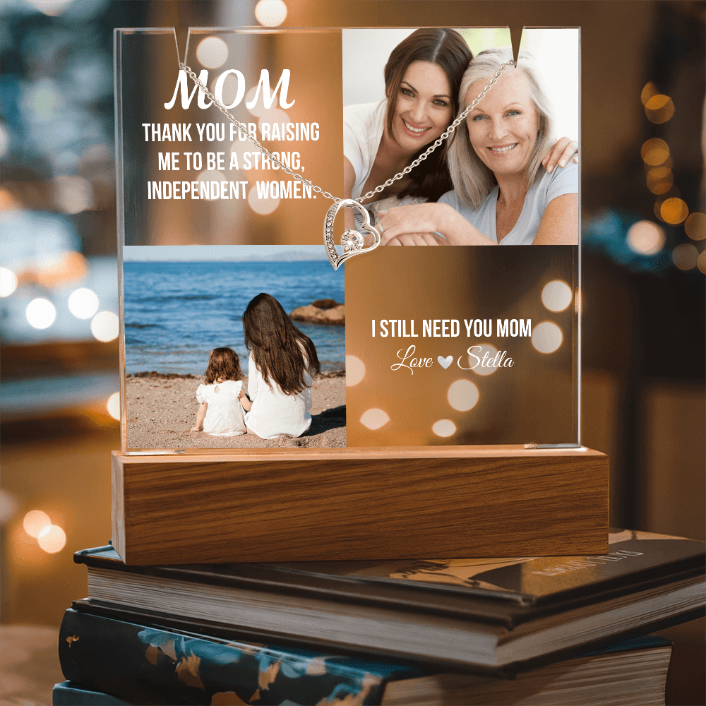 Personalized Acrylic Plaque and Heart Necklace Gift for Mom