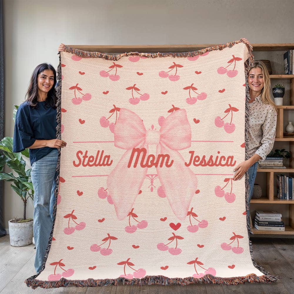 Personalized Cherry Woven Blanket Gift for Mom