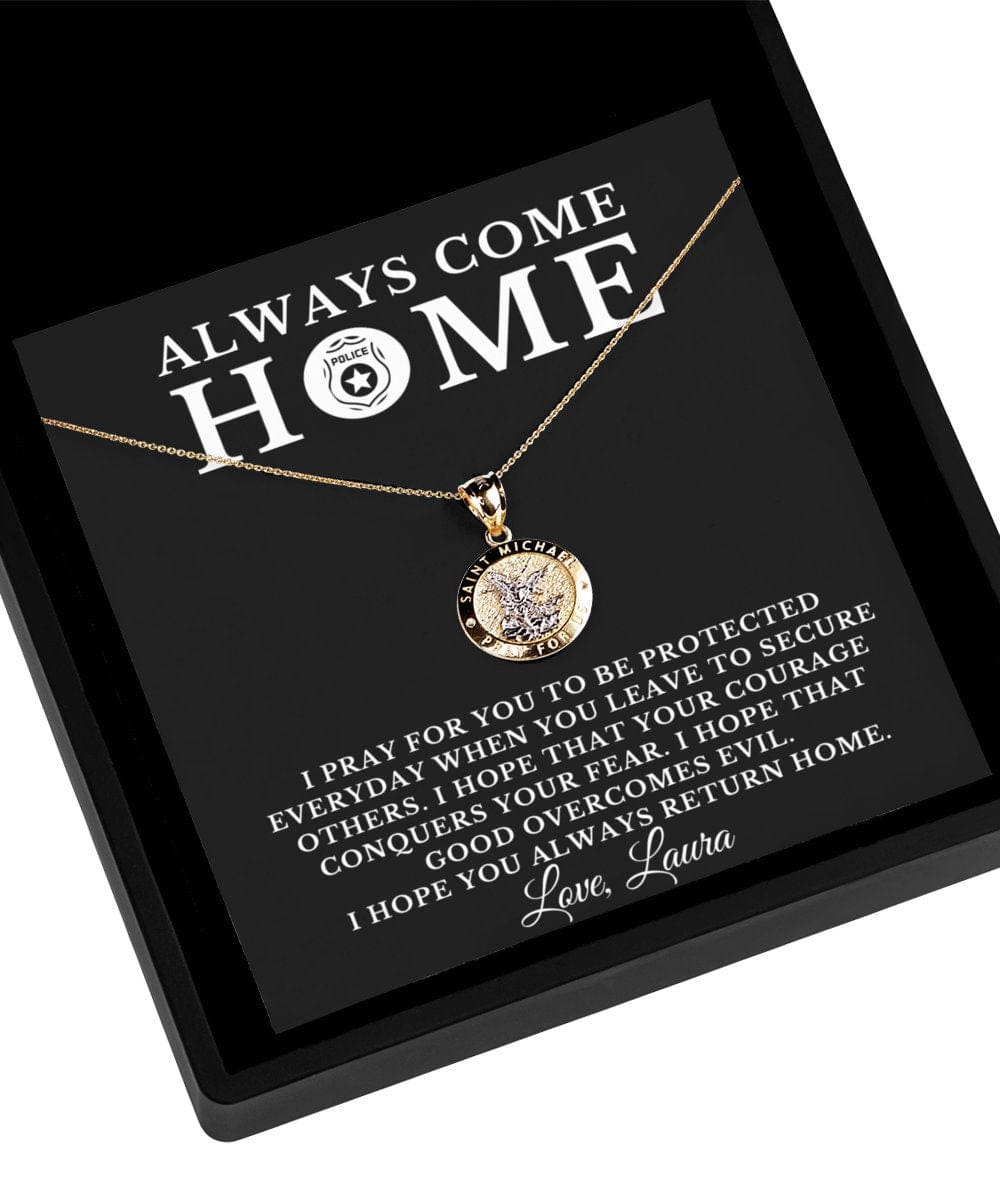 St. Michael Guardian Angel 10k Gold Necklace for Female Police Officer, Angel Religious Warrior Strength Jewelry Message Birthday Card