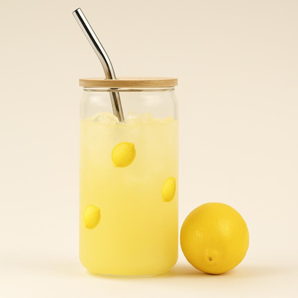Summer Party Glass Tumbler Collection Bamboo Lid Design Metal Straw Set Hot Cold Drink Essential Beach Picnic Companion Eco Friendly Reusable Tea Coffee Container Fruit Pattern Details Perfect for Summer Drink Sustainable Living Choice lemon icon glass tumbler