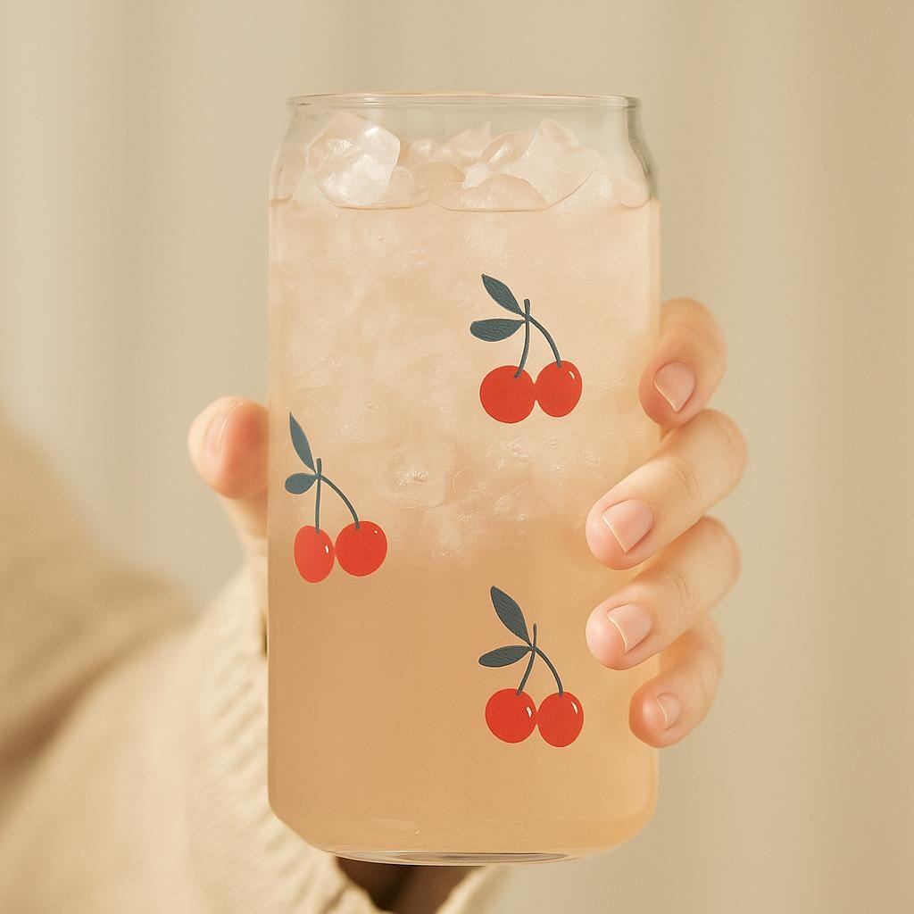Eco Friendly Glass Tumbler Bamboo Top Design Metal Straw Collection Summer Drink Essential Hot Cold Coffee Tea Container Beach Picnic Party Perfect Fruit Pattern Details Reusable Construction Beautiful Gift Idea Sustainable Living Choice glass tumbler with cherry icon