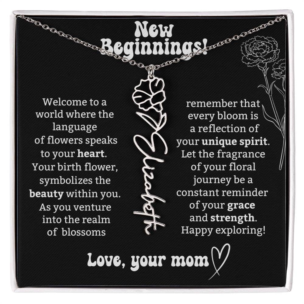 Personalized Birth Month Flower Necklace For Mom Daughter, Birthday Anniversary Jewelry Message Card For Best Friends, Custom Name Necklace