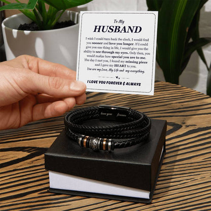 To My Husband Black Leather Bracelet