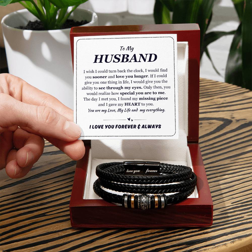 To My Husband Black Leather Bracelet