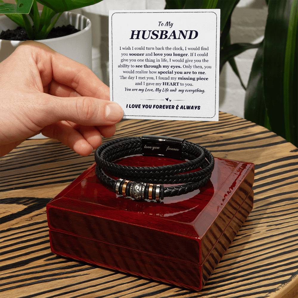 To My Husband Black Leather Bracelet