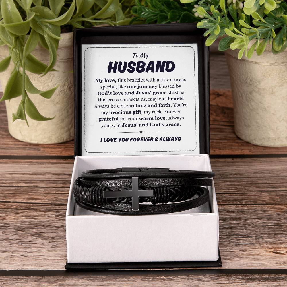 Christian To My Husband Black Leather Bracelet