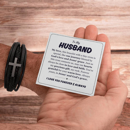 Christian To My Husband Black Leather Bracelet