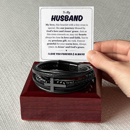 Christian To My Husband Black Leather Bracelet