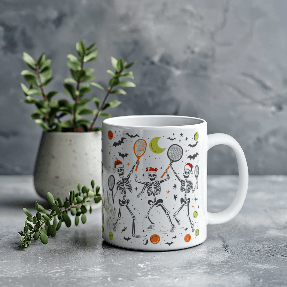 Funny Christmas Halloween Skeleton Tennis 11oz Mug