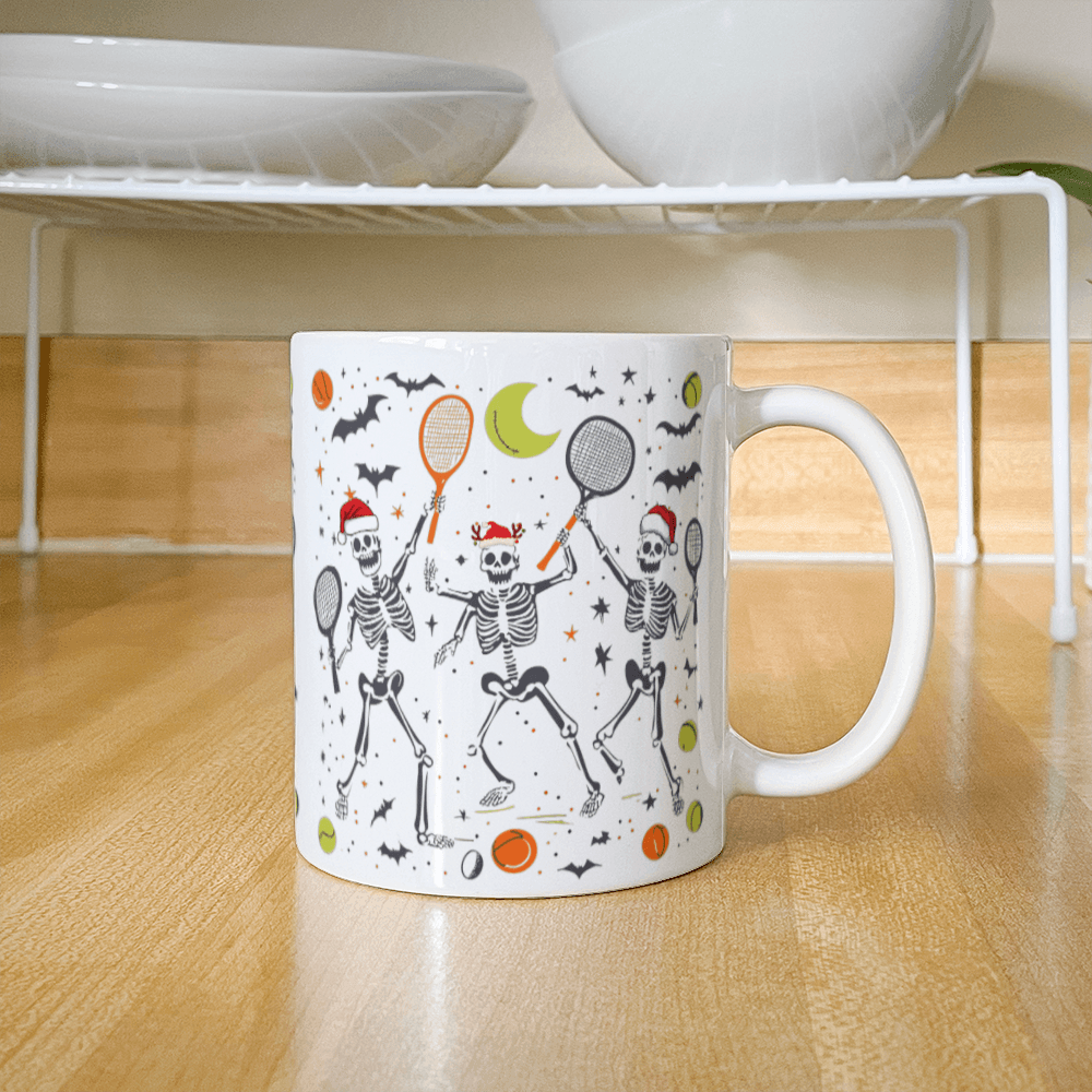 Funny Christmas Halloween Skeleton Tennis 11oz Mug