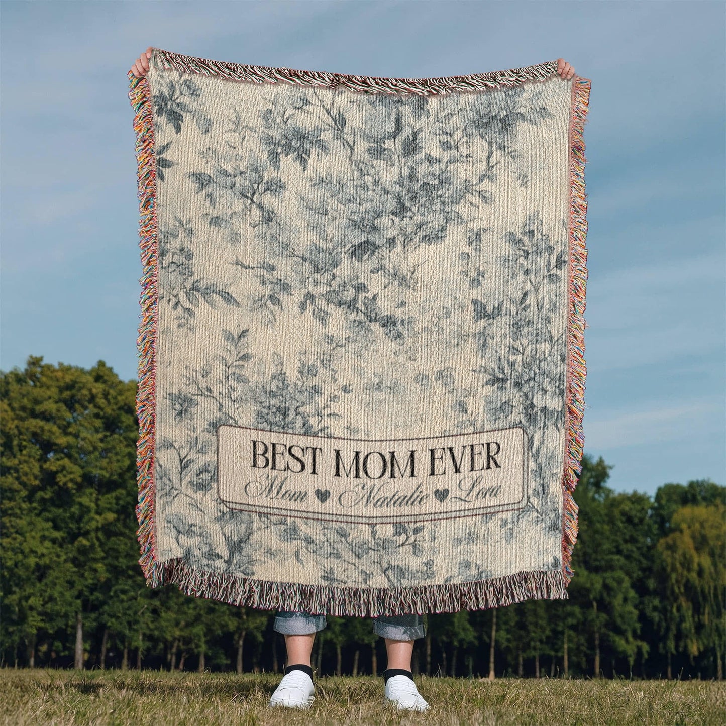 Personalized French Toile Woven Blanket Gift For Mom