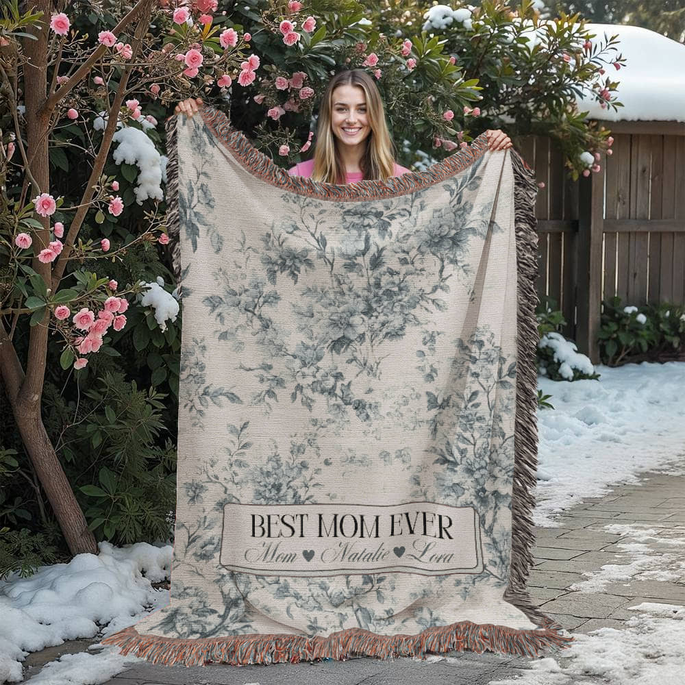 Personalized French Toile Woven Blanket Gift For Mom