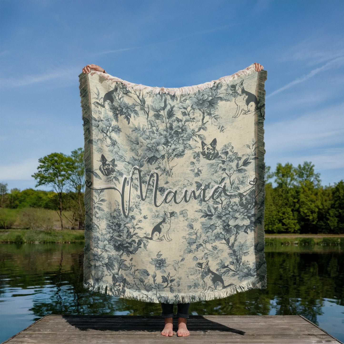 French Toile German Shepard Dog Mom Woven Blanket Gift