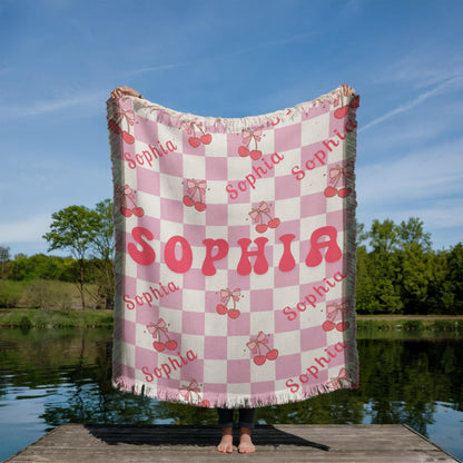 Personalized Bow Cherry Woven Blanket Gift