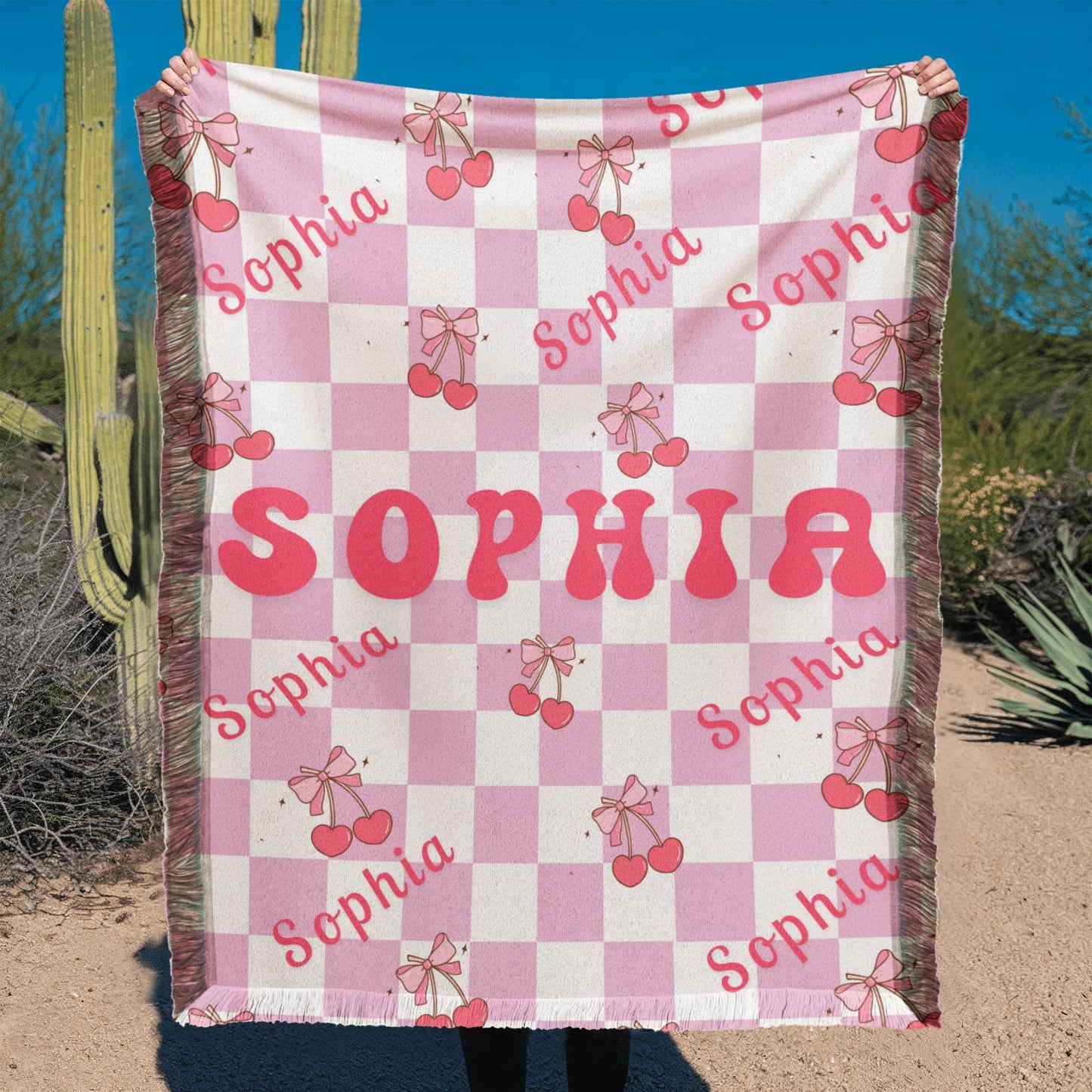 Personalized Bow Cherry Woven Blanket Gift