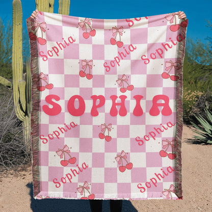 Personalized Bow Cherry Woven Blanket Gift