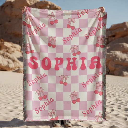Personalized Bow Cherry Woven Blanket Gift
