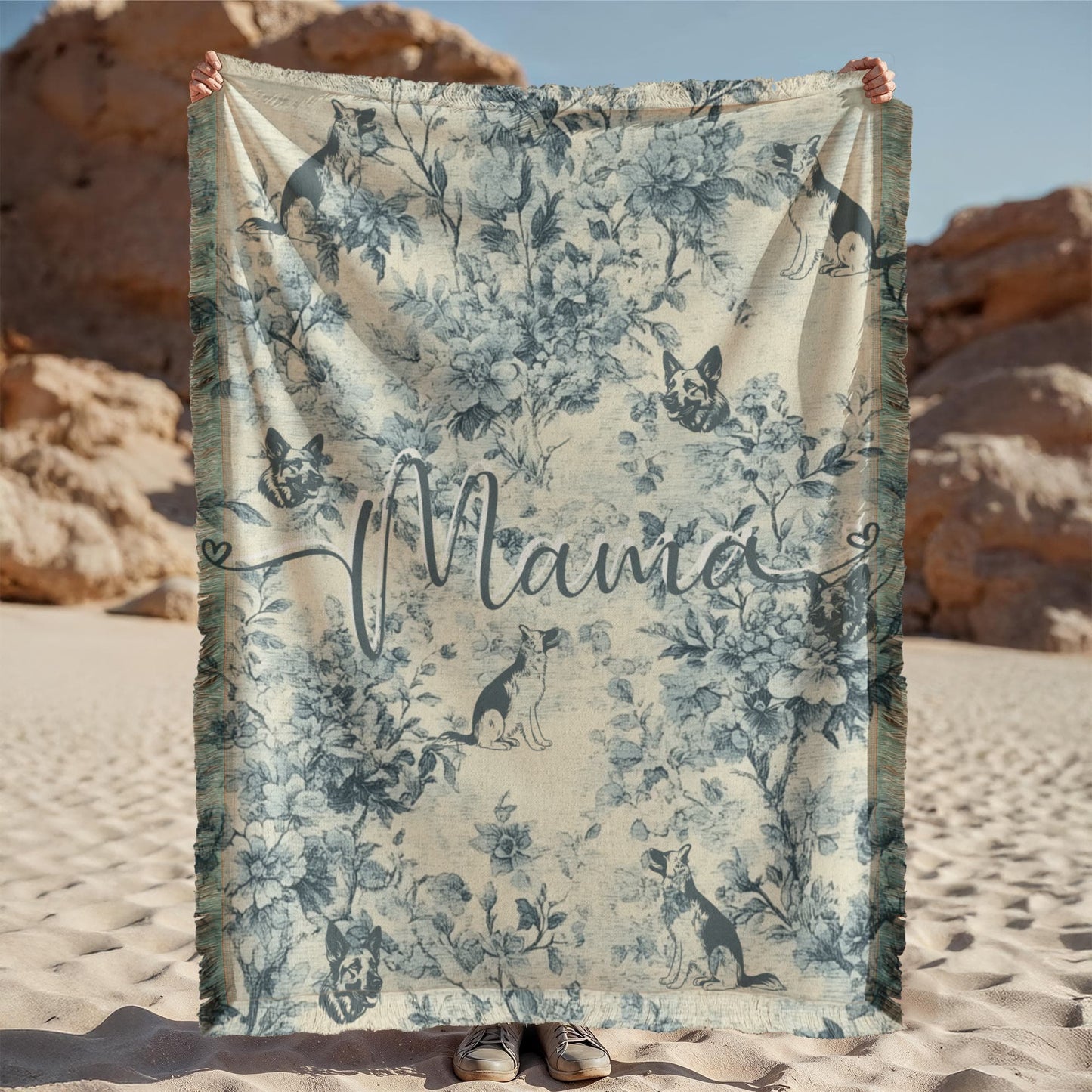 French Toile German Shepard Dog Mom Woven Blanket Gift