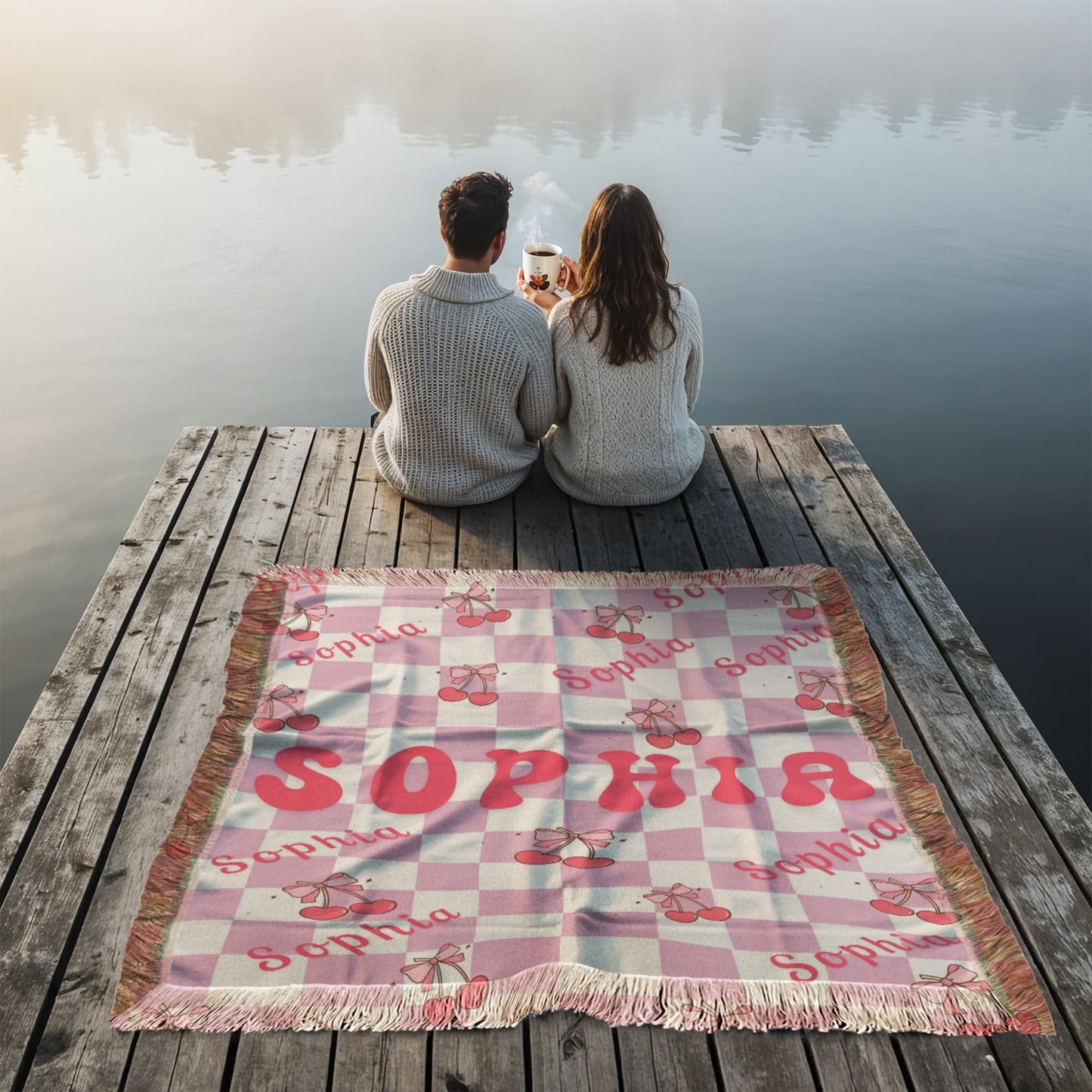 Personalized Bow Cherry Woven Blanket Gift
