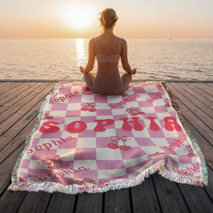 Personalized Bow Cherry Woven Blanket Gift