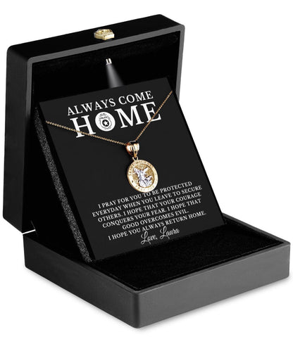 St. Michael Guardian Angel 10k Gold Necklace for Female Police Officer, Angel Religious Warrior Strength Jewelry Message Birthday Card