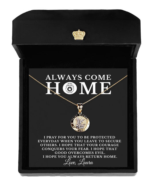St. Michael Guardian Angel 10k Gold Necklace for Female Police Officer, Angel Religious Warrior Strength Jewelry Message Birthday Card