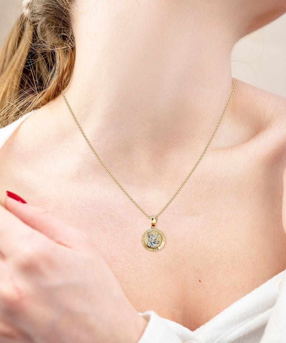 St. Michael Guardian Angel 10k Gold Necklace for Female Police Officer, Angel Religious Warrior Strength Jewelry Message Birthday Card