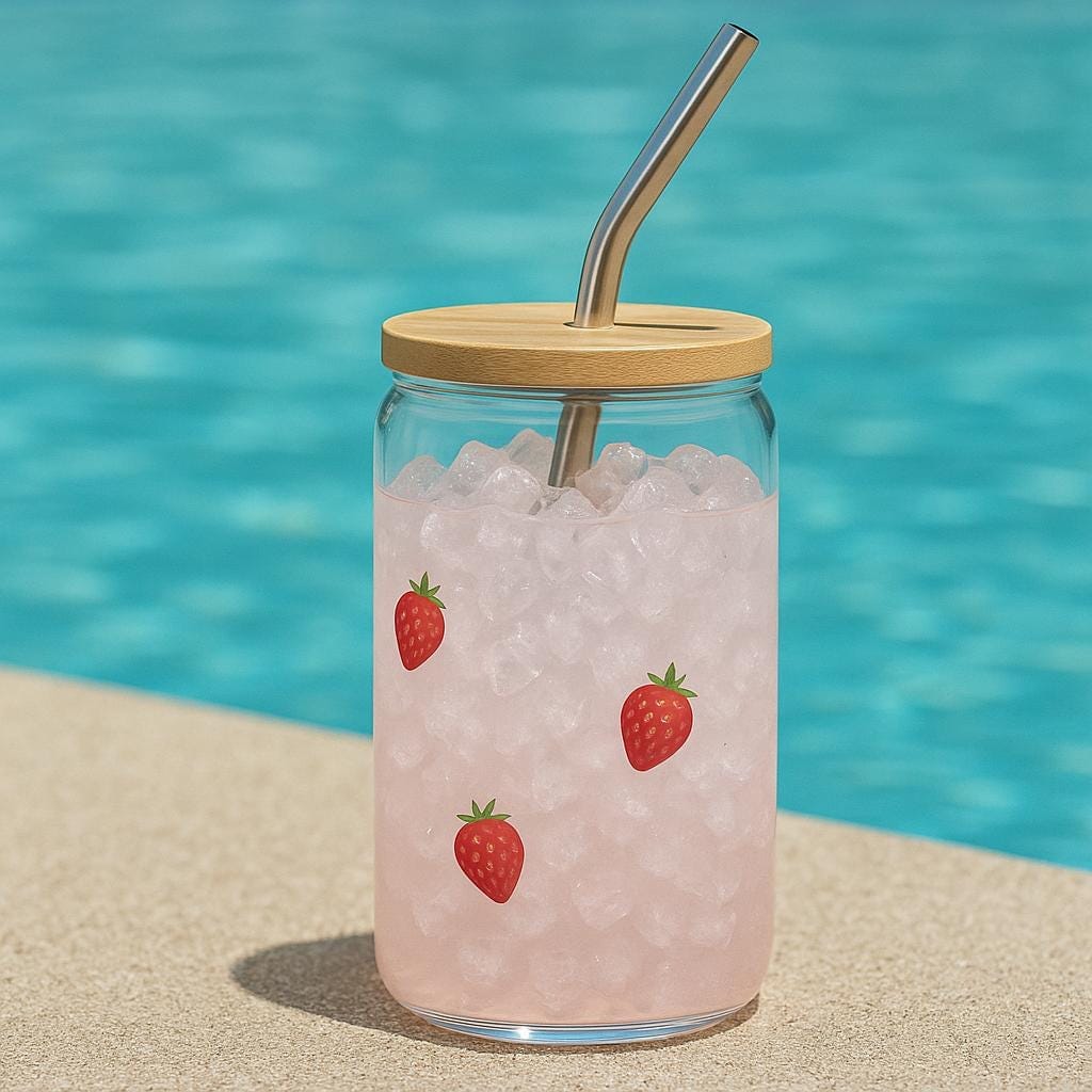 Reusable Glass Tumbler with Bamboo Top Design Metal Straw Collection Summer Beach Essential Hot Cold Drink Storage Travel Friendly for Coffee Tea Picnic Party Fruit Pattern Details Sustainable Living Choice Perfect Eco Friendly Companion glass tumbler with strawberry icon