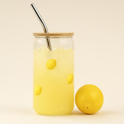 Summer Party Glass Tumbler Collection Bamboo Lid Design Metal Straw Set Hot Cold Drink Essential Beach Picnic Companion Eco Friendly Reusable Tea Coffee Container Fruit Pattern Details Perfect for Summer Drink Sustainable Living Choice lemon icon glass tumbler