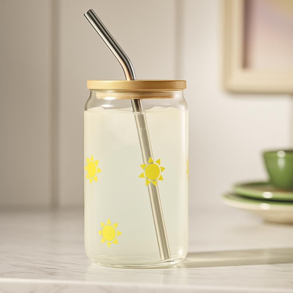 Glass Tumbler Summer Drink Container Beach Party Essential Bamboo Lid Metal Straw Set Reusable Hot Cold Beverage Cup Fruit Design Pattern Travel Friendly Storage Solution Eco Conscious Choice Perfect Outdoor Companion Sustainable Living