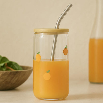 Glass Tumbler Summer Drink Container Beach Party Essential Bamboo Lid Metal Straw Set Reusable Hot Cold Beverage Cup Fruit Design Pattern Travel Friendly Storage Solution Eco Conscious Choice Perfect Outdoor Companion Sustainable Living orange lovers glass cup glass tumbler with orange icon glass for orange juise