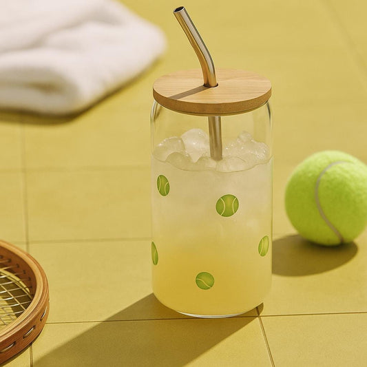 Eco Friendly Glass Tumbler Summer Collection Bamboo Lid Design Metal Straw Set Hot Cold Coffee Tea Essential Travel Ready Reusable Tumbler Beach Picnic Party Perfect Quality Construction Beautiful Gift Idea Sustainable Living Choice Perfect glass tumbler for tennis players tennis fans tennis lovers