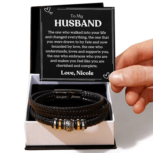 Men's Personalized Black Leather Bracelet, Name Bracelet For Husband, Jewelry Message Card For Men From wife,