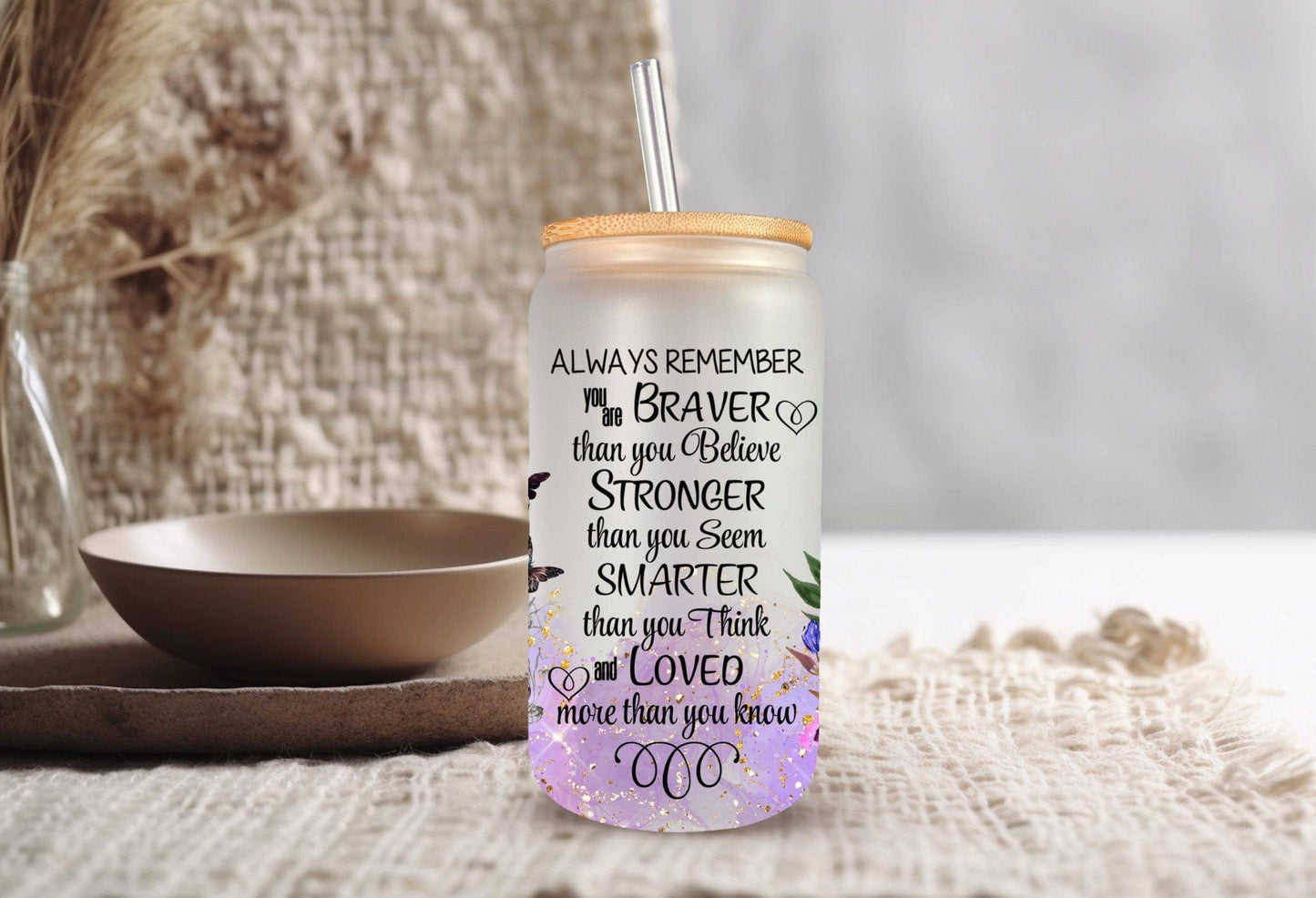 Motivational & Daily Affirmation 16oz Tumbler For Friend, Bravery And Strength Gift For Besties, Flower Girl With Butterfly Birthday Tumbler