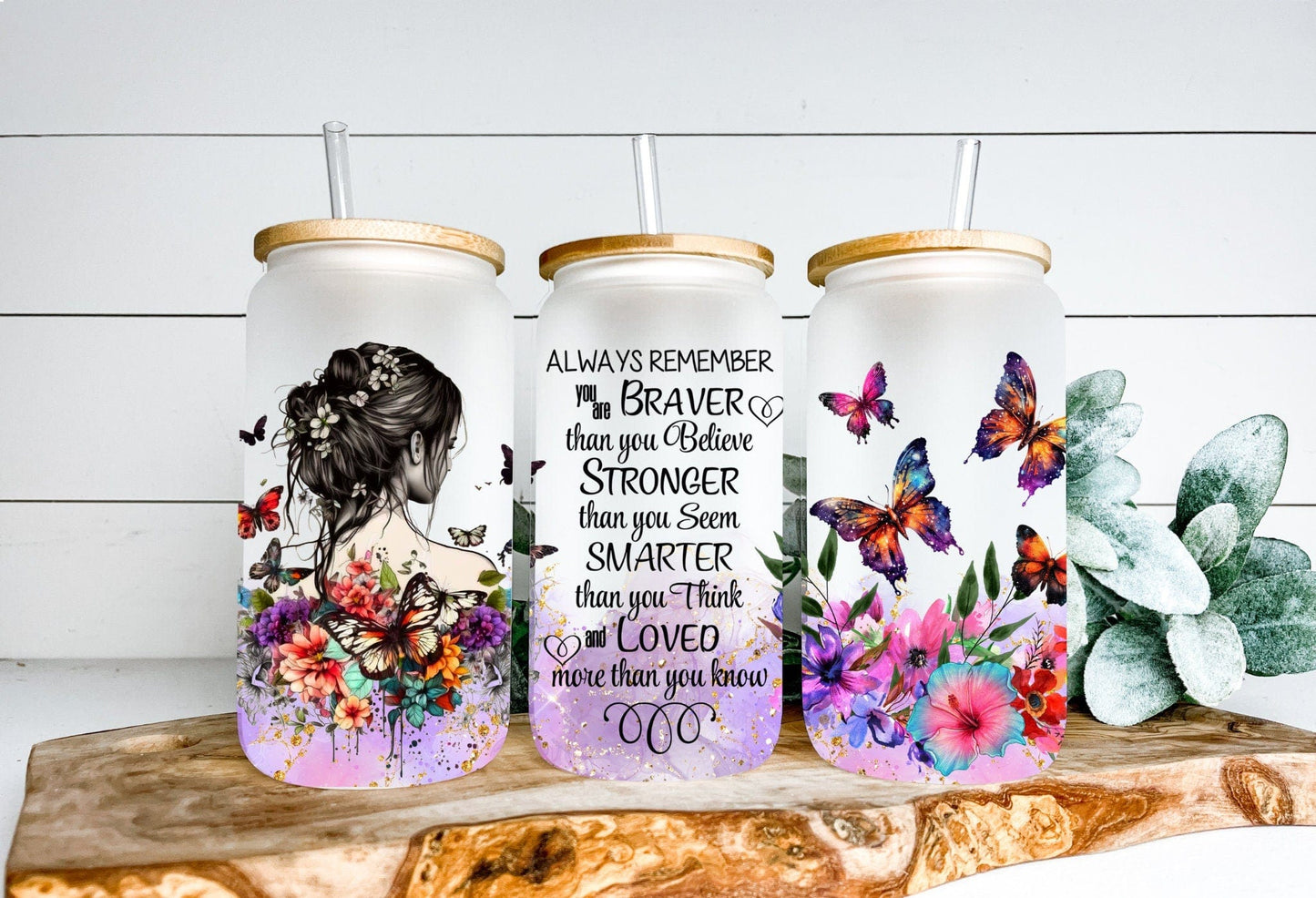 Motivational & Daily Affirmation 16oz Tumbler For Friend, Bravery And Strength Gift For Besties, Flower Girl With Butterfly Birthday Tumbler