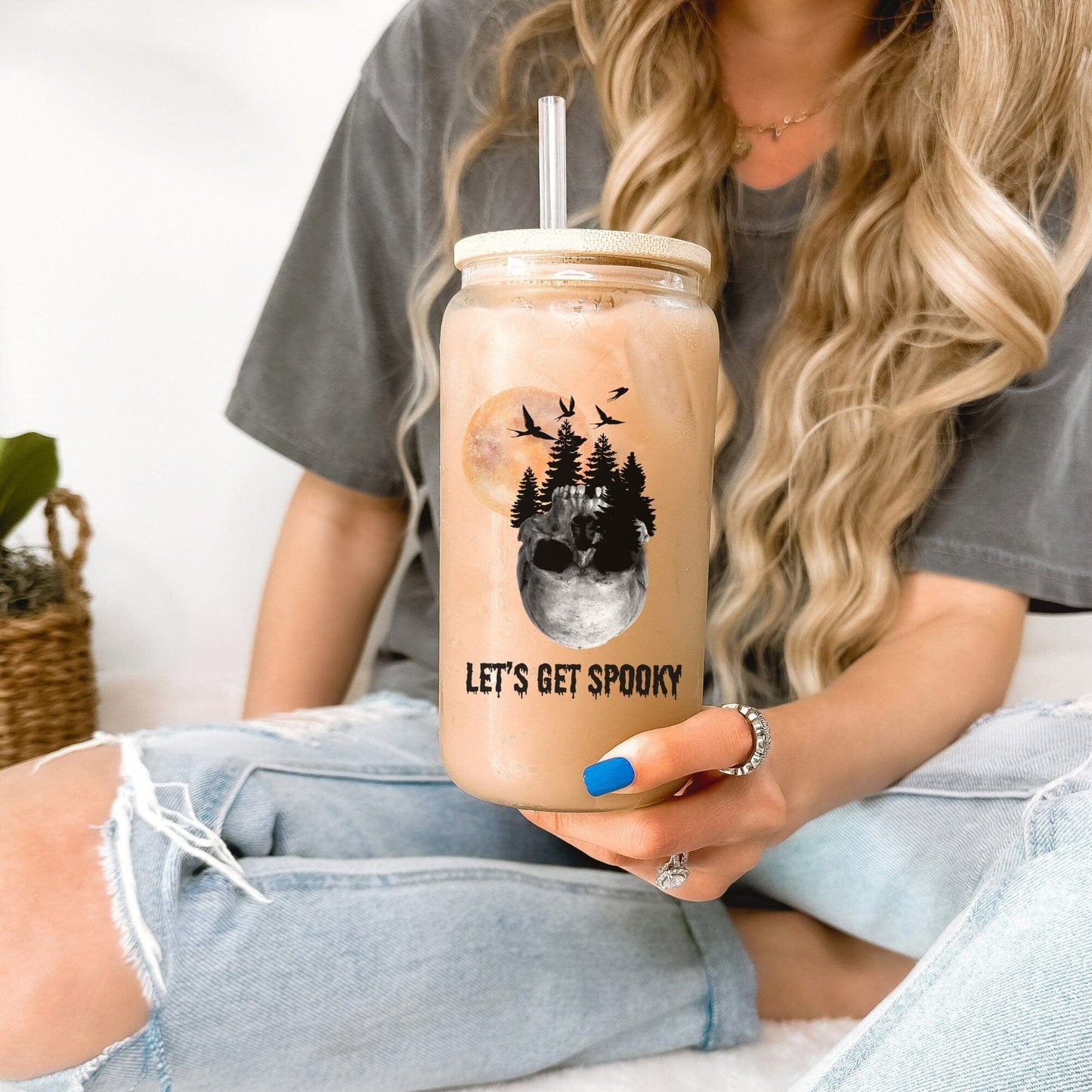 Halloween Skeleton Iced Coffee Frosted Clear Glass Cup, Halloween Cute Cup tumbler Gift, Fall Iced coffee cup with lid and straw, Skull Cup