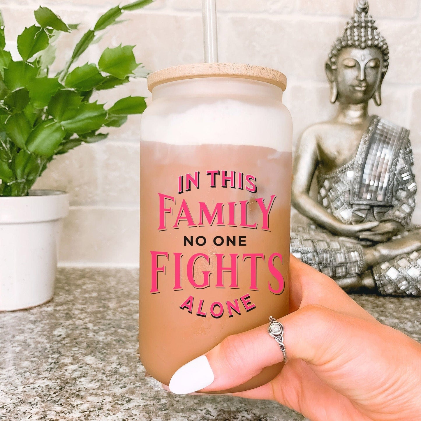 Cancer Fighter 16 oz Glass Mom Tumbler, Breast Cancer Awareness  Warrior Gift, Support Cancer Beer Can For Women For Friend Besties Sister