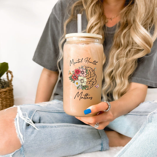 Mental Health Matters 16oz Tumbler For Iced Coffee Beer Tea Can Cup, Gift For Teacher Assistant Friend Besties, Back To School Positive Gift