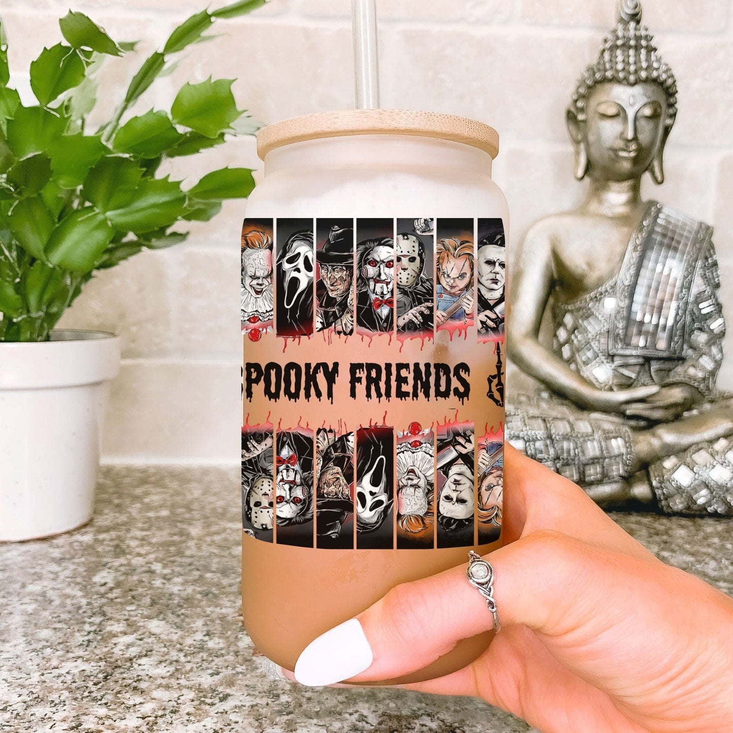 Spooky Friends Iced Coffee 16 oz Tumbler Frosted Clear Glass Cup Gift, Fall Iced coffee cup with lid and straw, Skull Cup Libbey Lid Bamboo