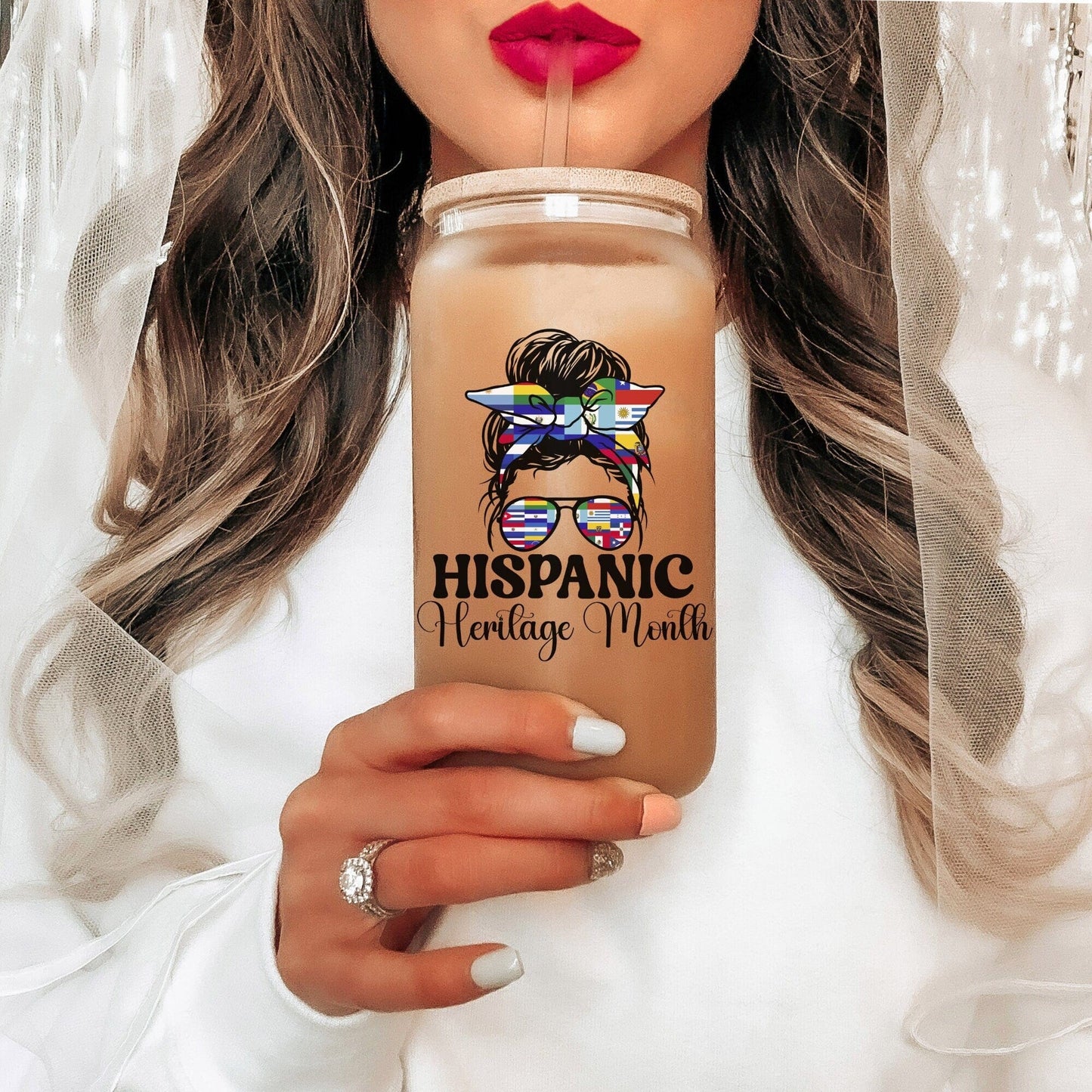 Hispanic Heritage Month Glass Cup, Country Flags Latin America Flags 16oz Tumbler For Iced Coffee Beer Tea Can Cup, Hispanic Strong Women