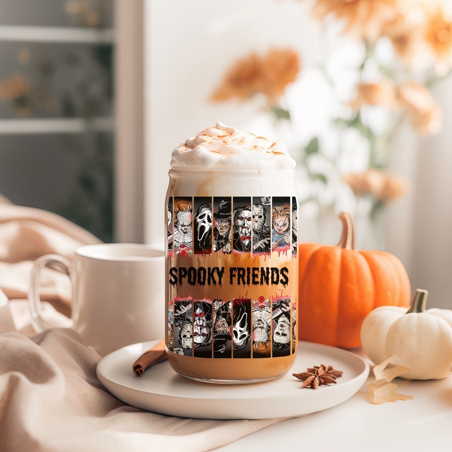 Spooky Friends Iced Coffee 16 oz Tumbler Frosted Clear Glass Cup Gift, Fall Iced coffee cup with lid and straw, Skull Cup Libbey Lid Bamboo