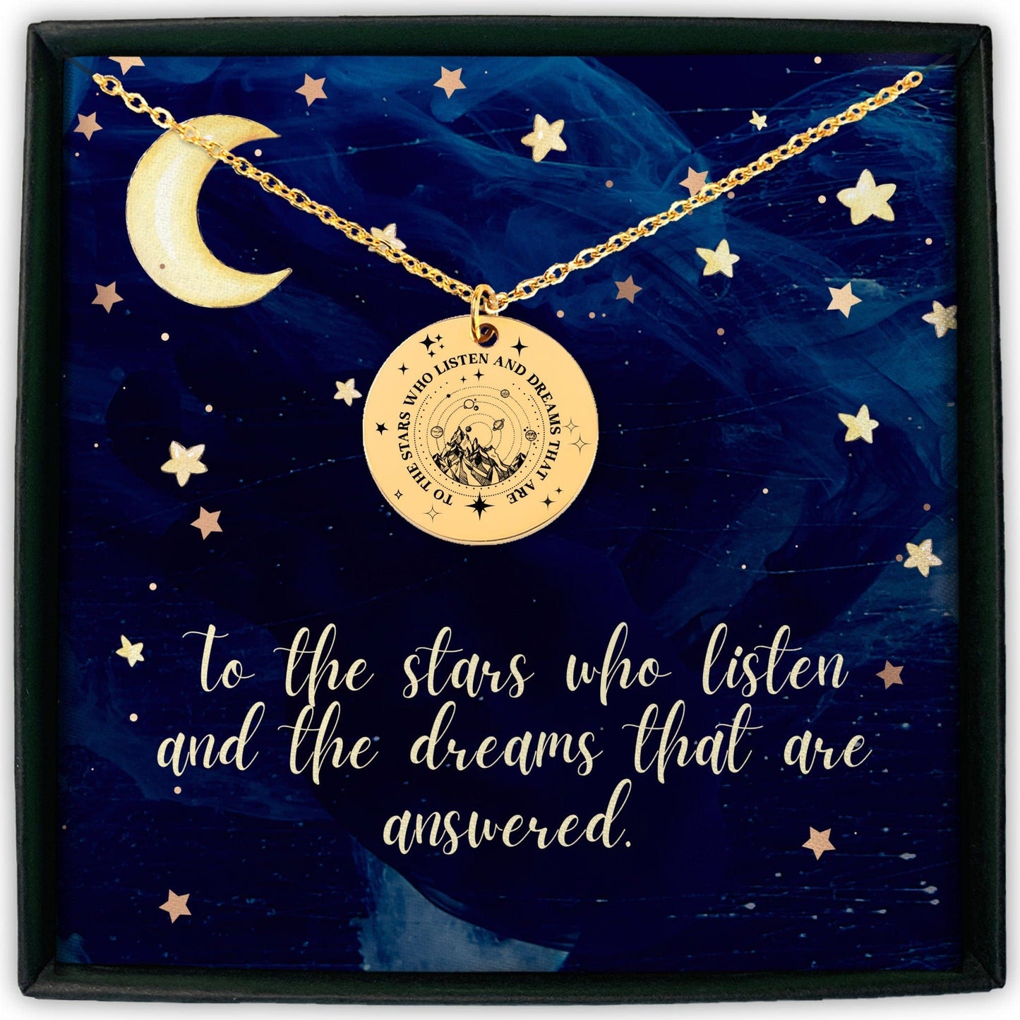 To the Stars Who Listen 18k Gold Gift For Her, Sarah J Maas Inspired Book Era, City of Starlight, Birthday Jewelry Message Besties Card