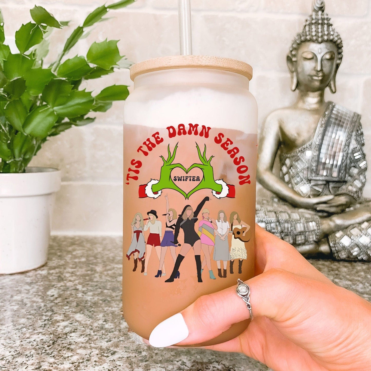 Tis The Damn Season Green Hand 16oz glass Tumbler Iced Coffee Tea Cup For Friends, Birthday Cup For Besties, Concert Fan Gift For Swiftea