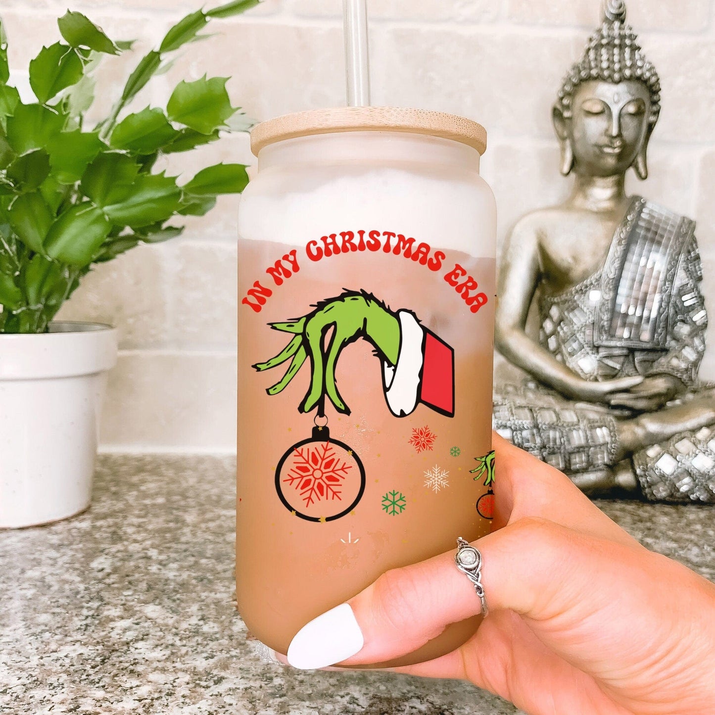 In My Christmas Era Green Hand 16oz glass Tumbler Iced Coffee Tea Cup For Friends, Birthday Cup For Besties, Concert Fan Gift For Swiftea