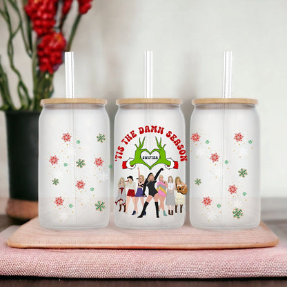 Tis The Damn Season Green Hand 16oz glass Tumbler Iced Coffee Tea Cup For Friends, Birthday Cup For Besties, Concert Fan Gift For Swiftea