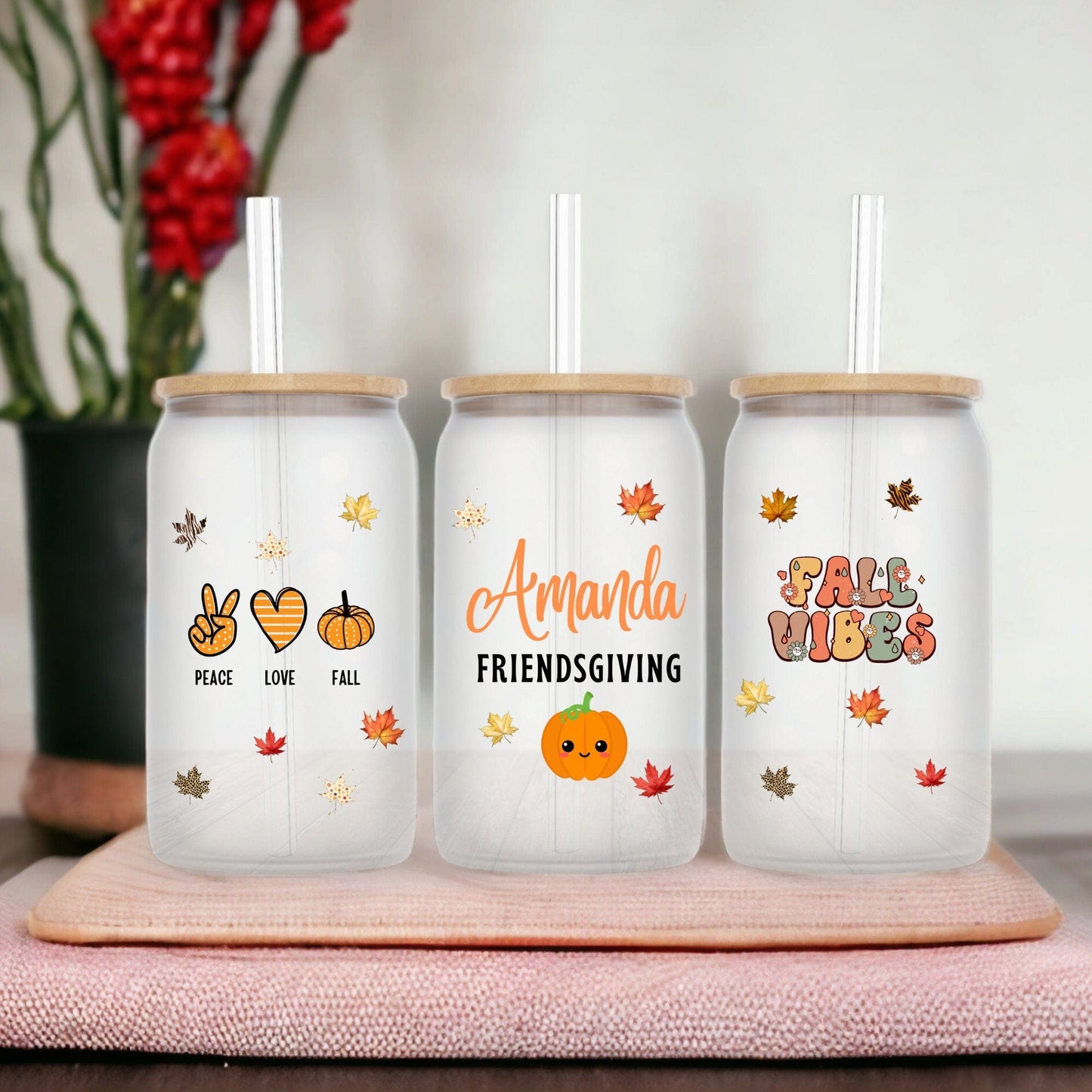 Friendsgiving Personalized Thanksgiving Gift, Custom Name Fall  Pumpkin Tumbler, Birthday Christmas 16oz glass Tumbler For Best Friends